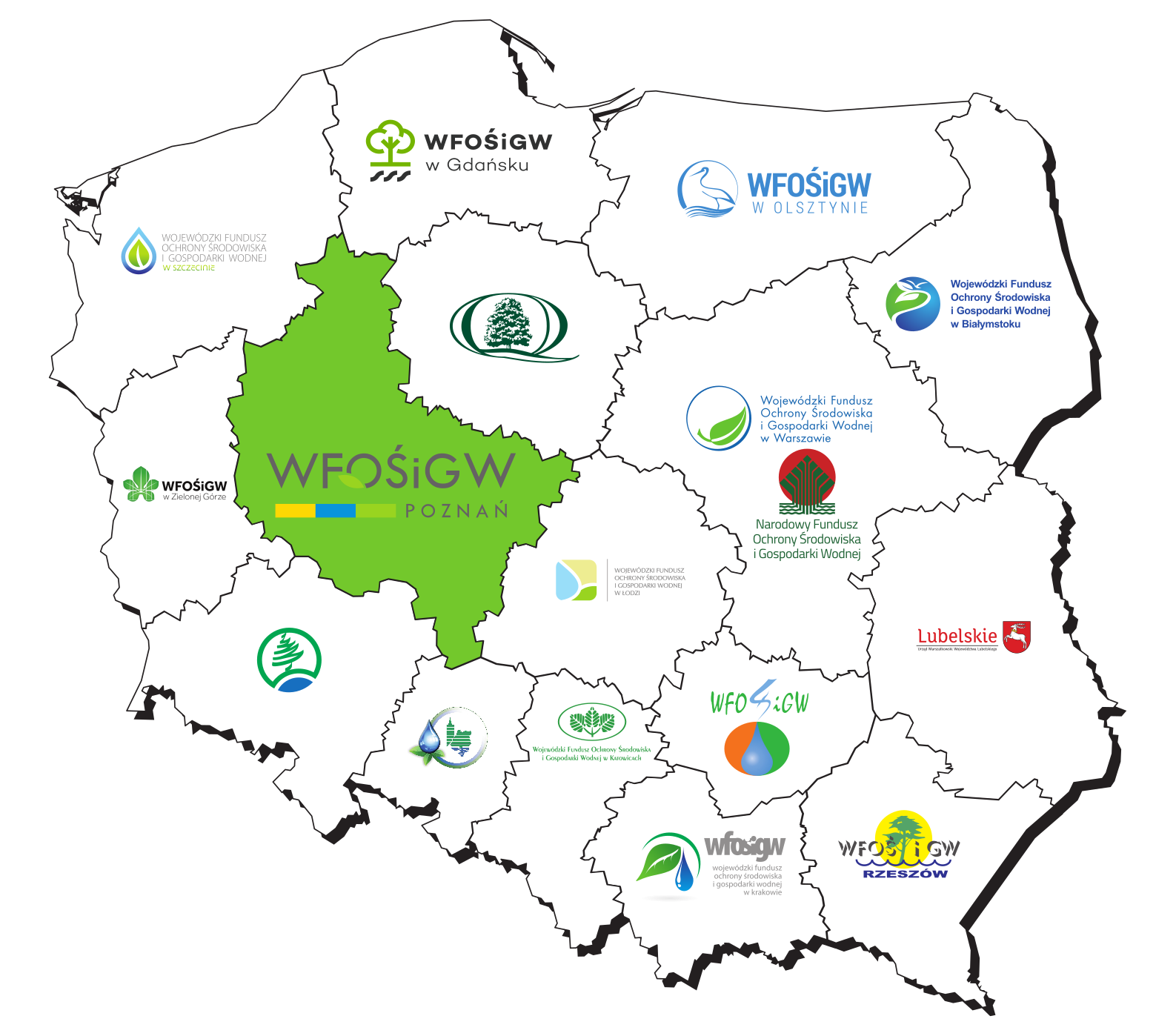 Mapa Polski z podziałem na wojewódzkie fundusze ochrony środowiska