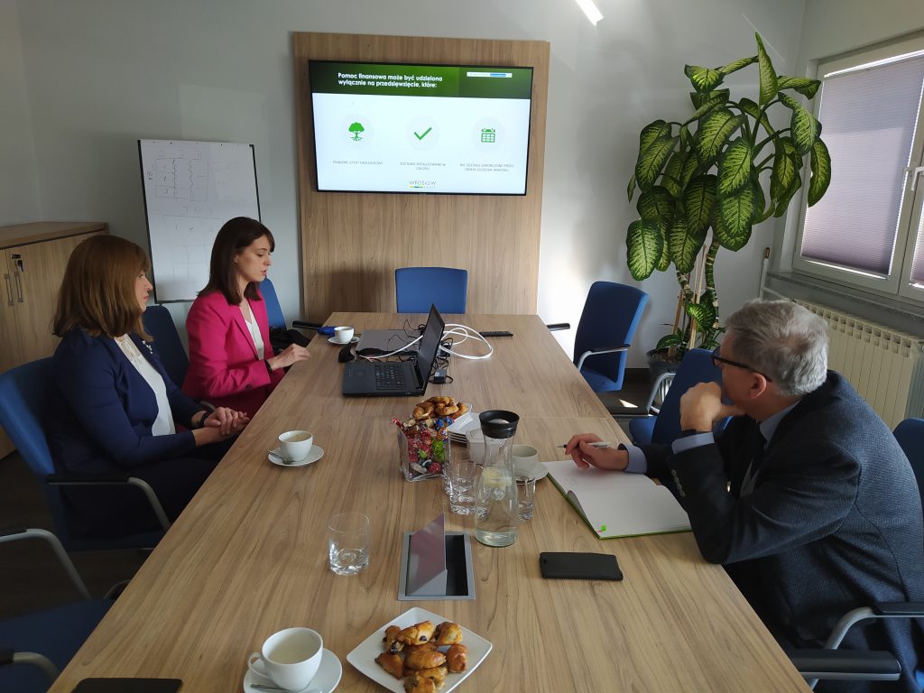 Zdjęcie Pani Aleksandry Durkowskiej - Zastępcy Prezesa Zarządu WFOŚiGW w Poznaniu, Pani Pauliny Palickiej - Kierownik Działu Ochrony Powietrza, Powierzchni Ziemi i Gospodarki Wodnej oraz uczestnika spotkania w Wolsztynie