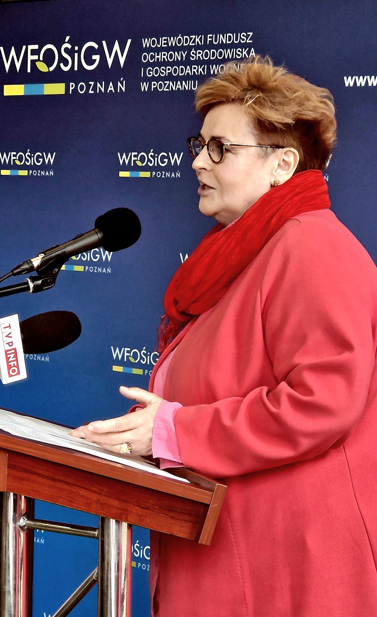 1 osoba stoi przy mównicy i przemawia.