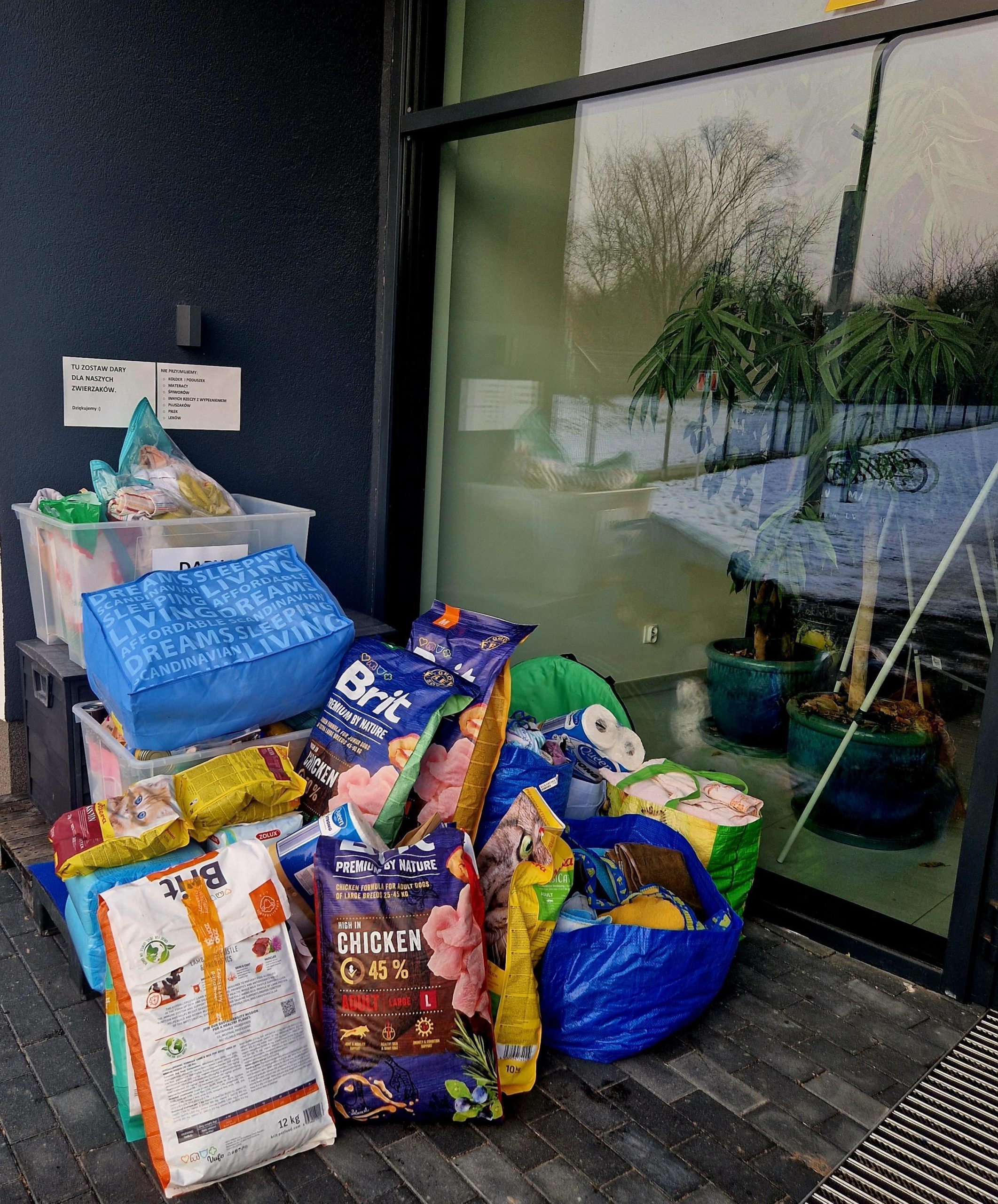 zdjęcie przedstawia karmy, koce, ręczniki przywiezione do schroniska dla zwierząt.