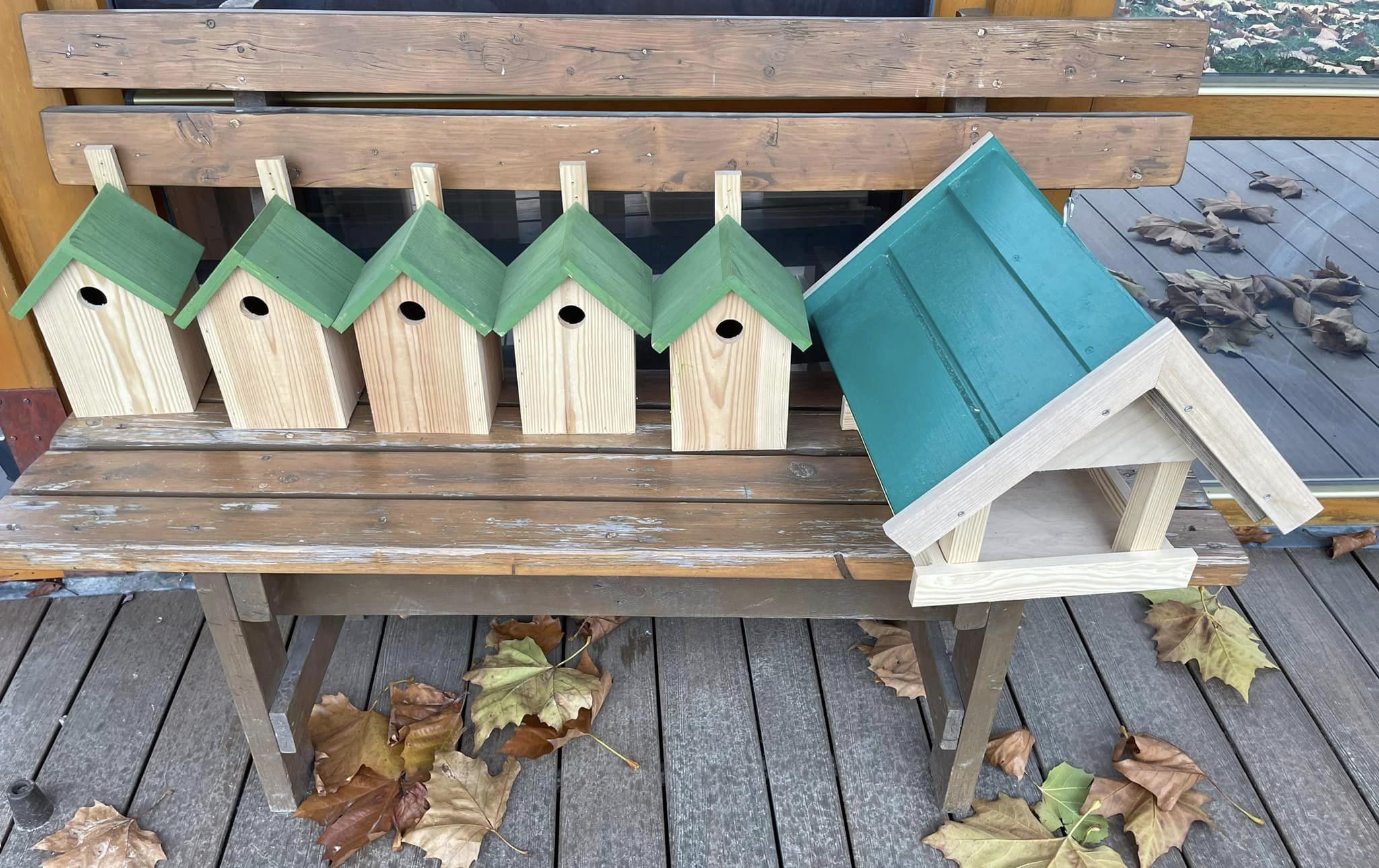 Wyposażenie ogródka ekologicznego - budki lęgowe i karmnik dla ptaków.