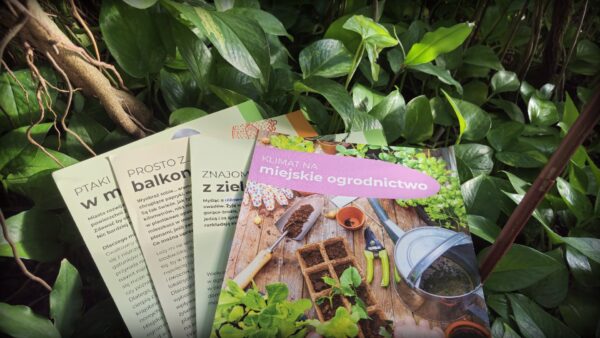 Zdjęcie przedstawia broszury informacyjne na tle kwiatów doniczkowych.