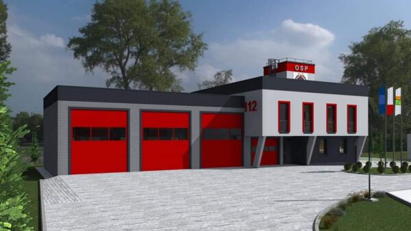 Grafika przedstawia odnowioną remizę strażacką.