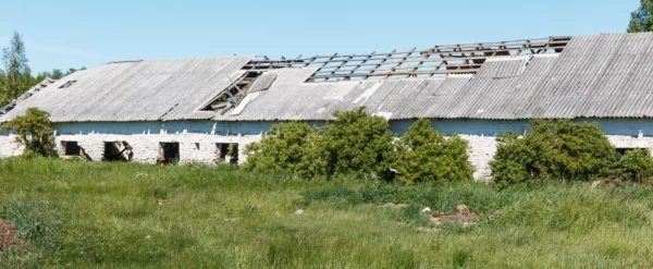Dach stodoły z azbestu, niepełny z lukami w połaci dachowej.