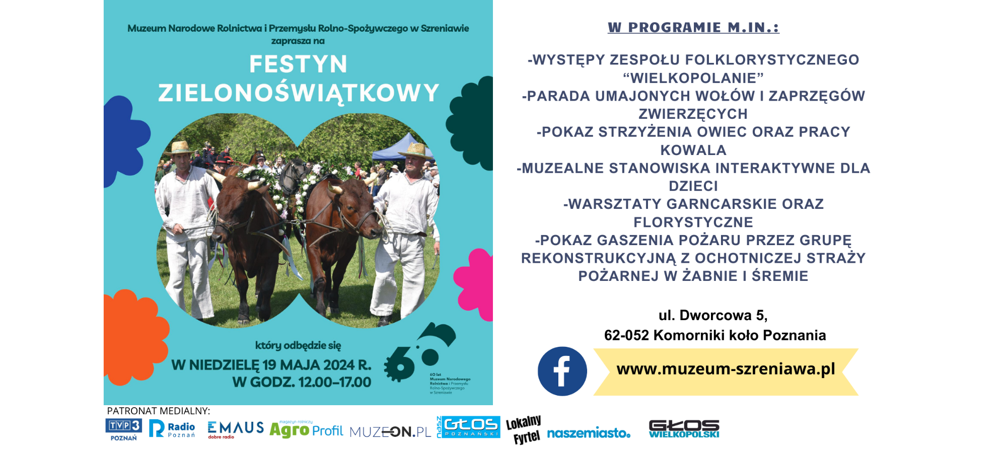 Festyn Zielonoświątkowy - plakat z opisem atrakcji na festynie.