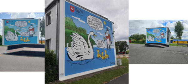 Zdjęcie przedstawia mural wykonany na terenie skateparku w Zbąszyniu.