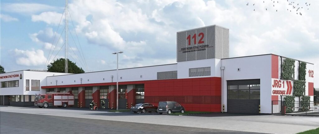Grafika przedstawia zmodernizowany budynek straży pożarnej.
