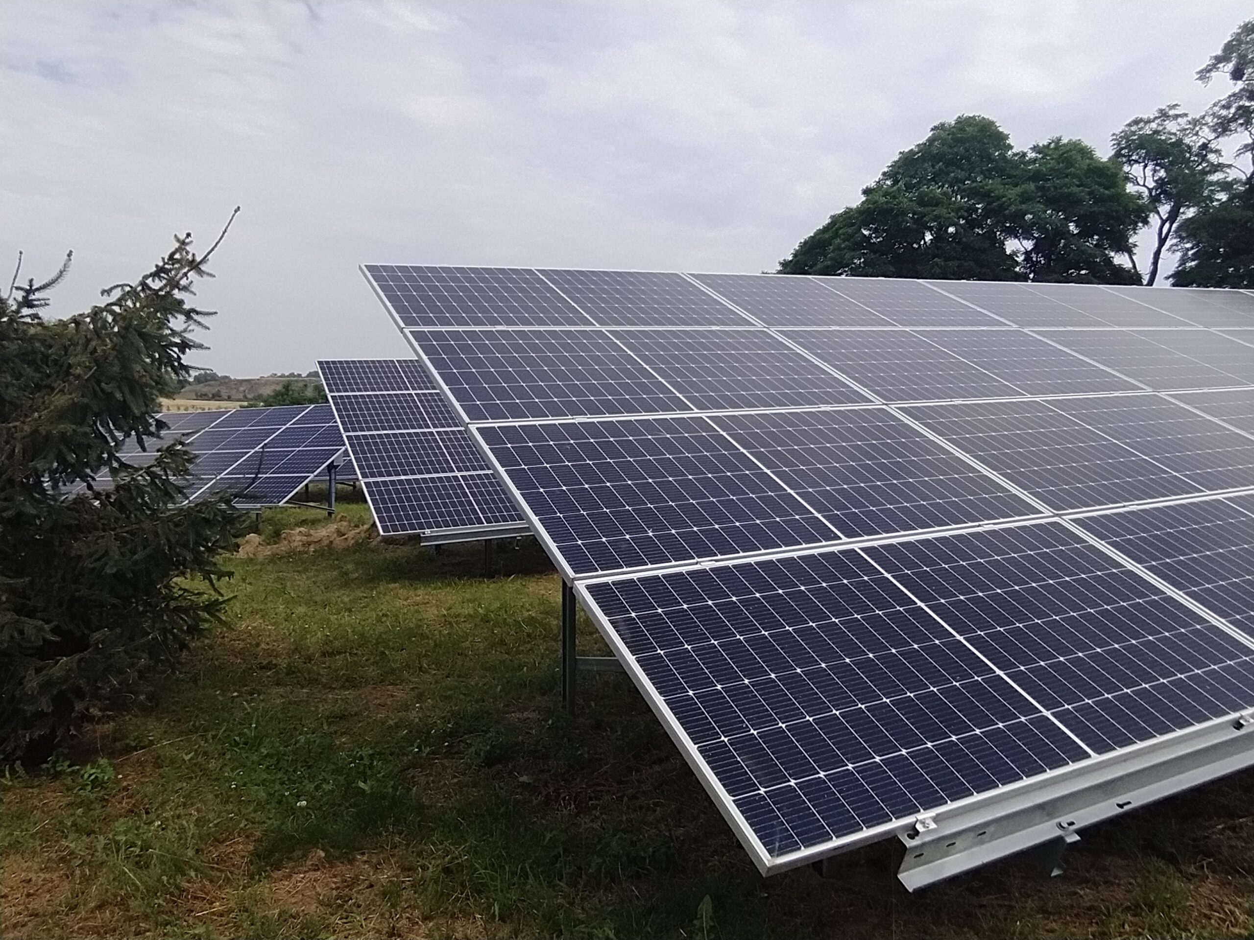Na zdjęciu, na pustej przestrzeni stoją panele fotowoltaiczne.
