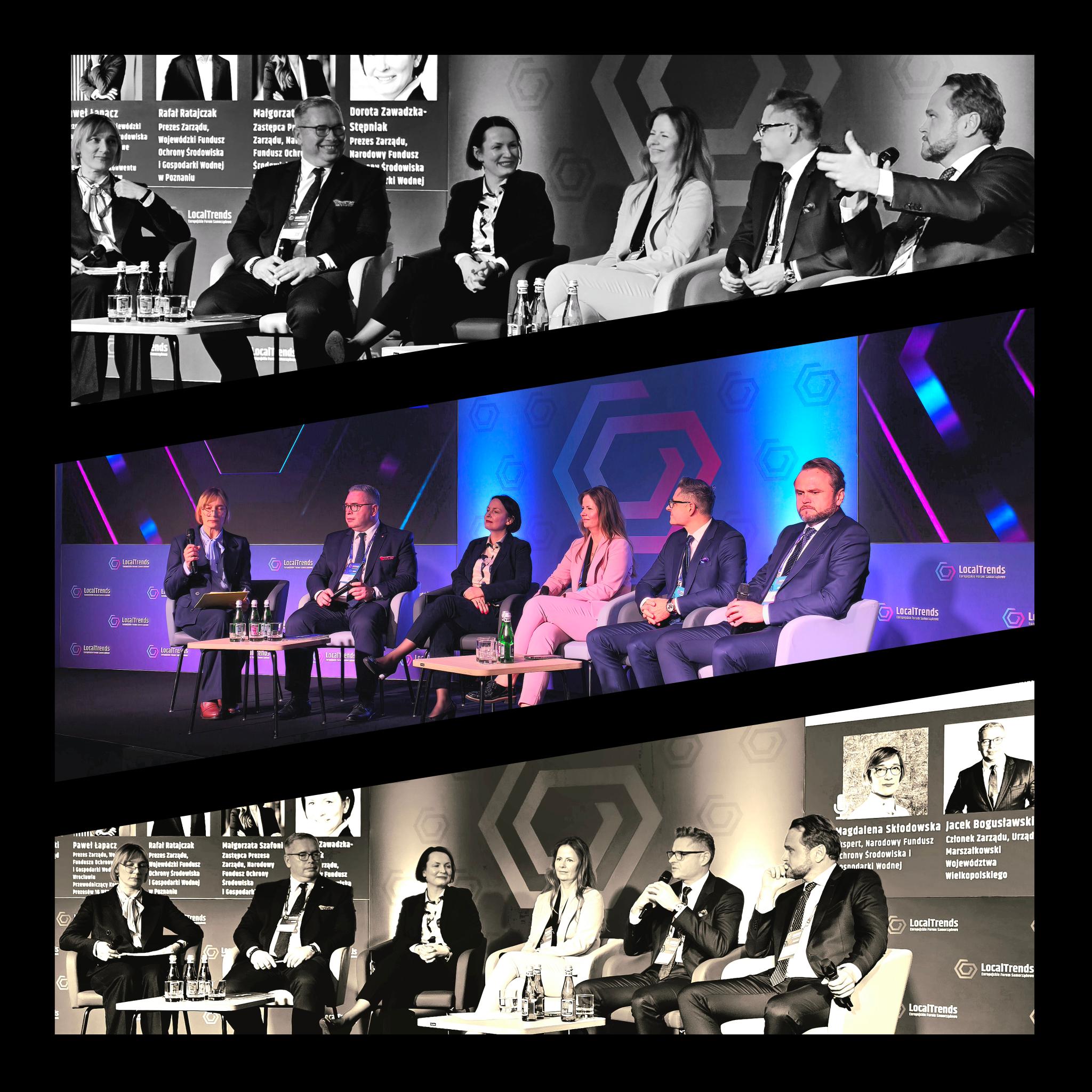 6 osób siedzi na krzesłach na zaaranżowanej podczas wydarzenia scenie, na tle ekranu, na którym wyświetlony jest temat debaty i rozmawia.