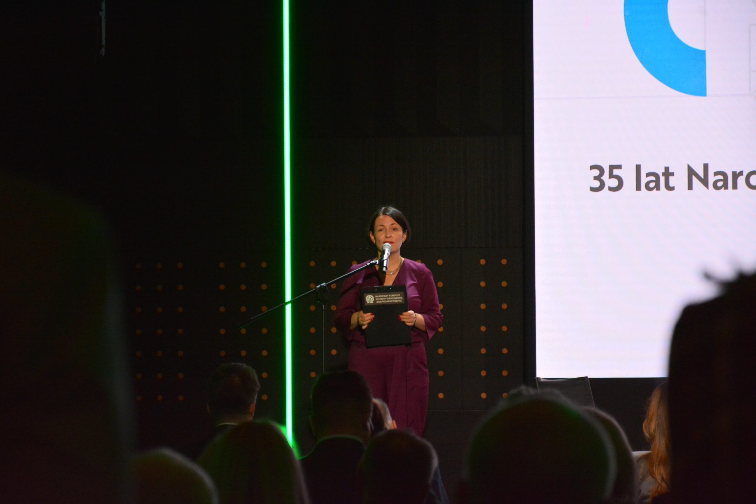 1 osoba stoi na scenie przy mikrofonie na statywie i przemawia.