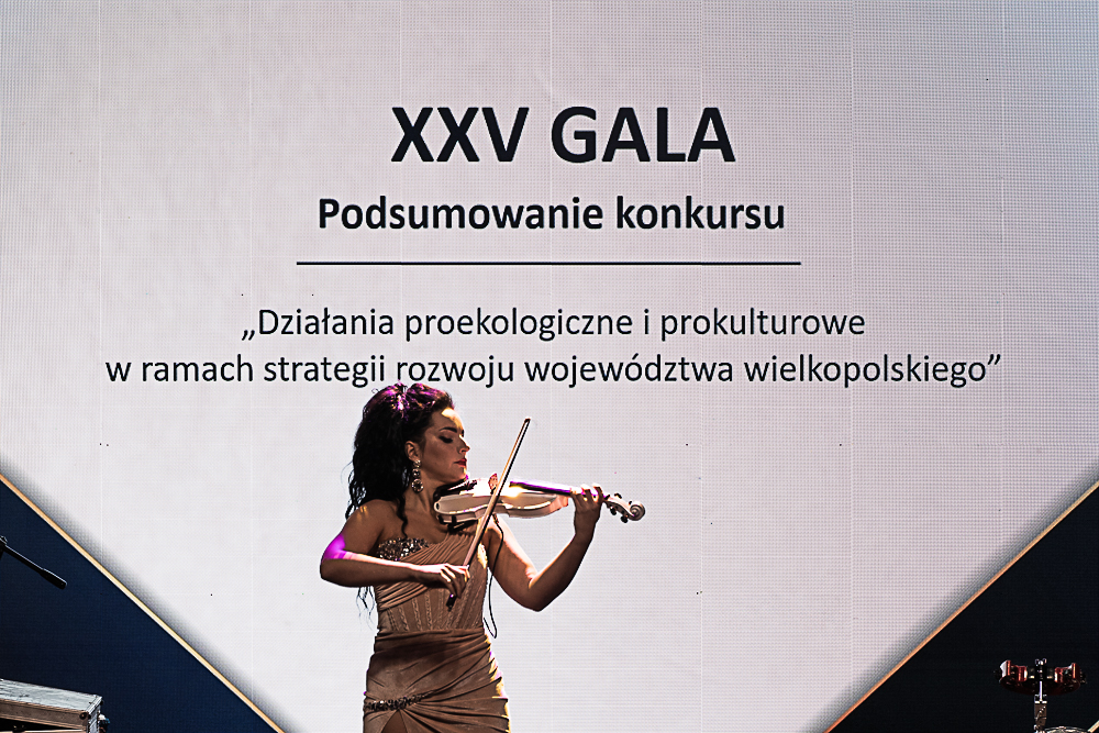 Na scenie na tle ekranu z tytułem gali stoi artystka i gra na skrzypcach.