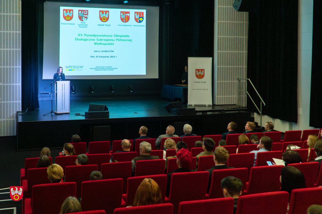 Zdjęcie przedstawia widok sali, na której w fotelach w układzie kinowym siedzą zaproszeni goście, a na scenie jedna osoba przemawia przy mównicy.