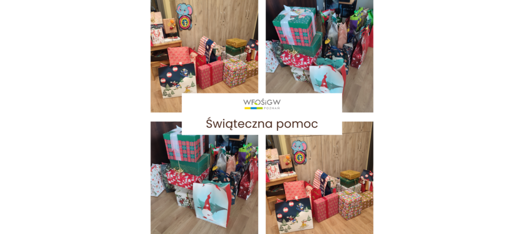 Zdjęcie to kolaż 4 zdjęć, które przedstawiają prezenty zawiezione do domów dziecka.