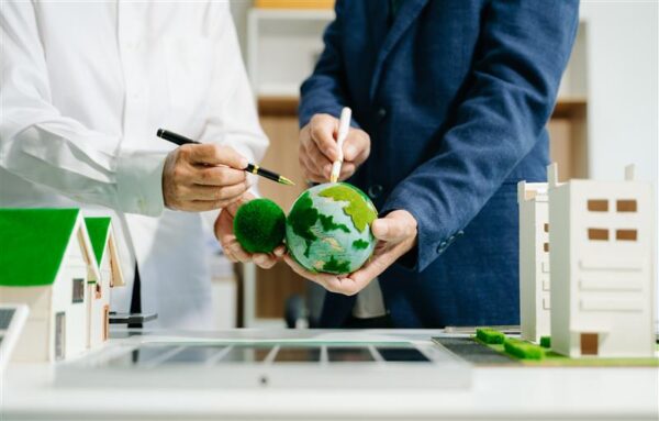 na zdjęciu 2 osoby planują ekologiczne rozwiązania dla planety wskazując punkty długopisami na modelu ziemi