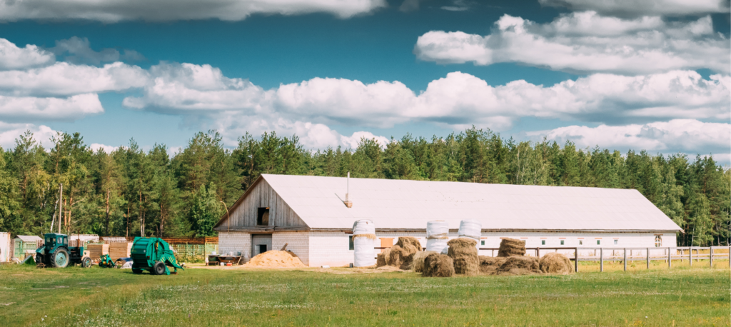 Zdjęcie przedstawia gospodarstwo rolne z budynkiem, którego dach pokryty jest azbestem.