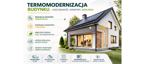 Grafika przedstawiająca dom i warstwy w celu ukazania na czym polega termomodernizacja.