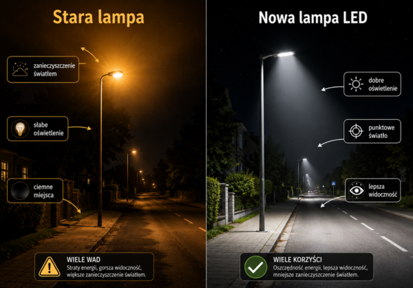 grafika pokazujaca efekt miedzy starym oswietleniem a nowym ledowym