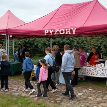 Zdjęcie przedstawia stoiskarozlokowane na terenie festynu Festiwal Jabłka i Śliwki w Pyzdrach.